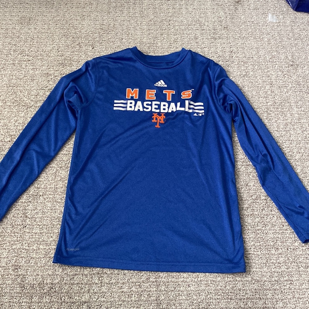 New York Mets Kids Size Large Adidas Blue Long Sleeve Performance Tee Dri-Fit